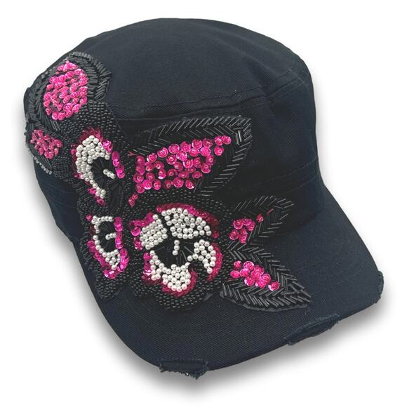 Black Army Cadet Hat Flower Beaded Sequins Round Top Distressed BDU Castro Cap - Picture 7 of 7